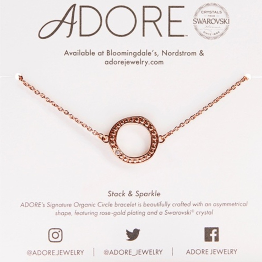 Adore Rose Gold Organic Circle Bracelet with Swarovski Crystal. Adjustable size.